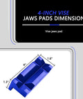 4 Inch Magnetic Aluminum Vise Jaw Pads With Reversible Non Slip Grip Scratch Free Pipe Vise Protectors dimensions shown on a blue pad.
