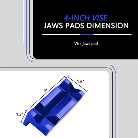 4 Inch Magnetic Aluminum Vise Jaw Pads With Reversible Non Slip Grip Scratch Free Pipe Vise Protectors dimensions shown on a blue pad.