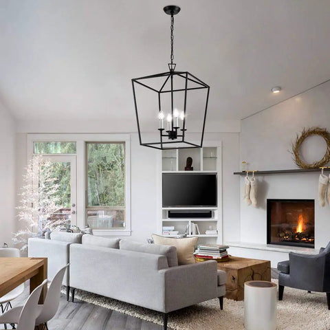 Living room with Industrial Steel Cage Lantern Pendant Light With Candle Style Iron Frame Gold Finish Ceiling Chandelier Large Hanging Lamp