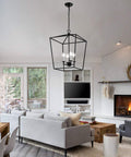 18 By 25 Inch Steel Cage Lantern Pendant Light With Industrial Candle Style Chandelier Design For Foyer And Hallway Black Iron Art Frame Huge Ceiling Fixture Sturdy Steel Cage Lighting in modern living room setting.