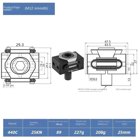 Heavy Duty M6 M8 M10 M12 Ok Vise With Precision Clamping For CNC Multi-Station Batch Processing And Tooth Surface Work Holding Made From 440C Steel, M12 smooth style with dimensions.