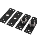 Door hinge set: four black mounting plates with two stainless steel pivot hinges.