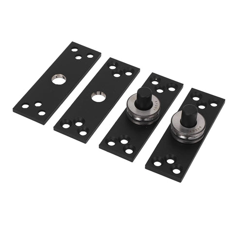 Door hinge set: four black mounting plates with two stainless steel pivot hinges.