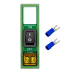 Front view of Rail Mount Rocker Switch Module For 10 Amp Power, Compatible With 250VAC Or 50VDC, One Channel shown with spade connectors.