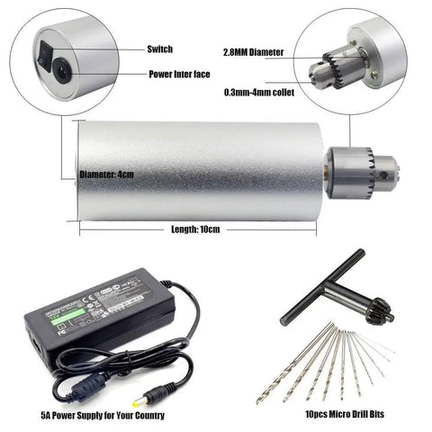 Portable Micro Aluminum Handheld Drill For PCB DIY Projects with 0.3mm-4mm chuck, 5A power supply, 10pcs drill bits, dimensions 10cm x 4cm.
