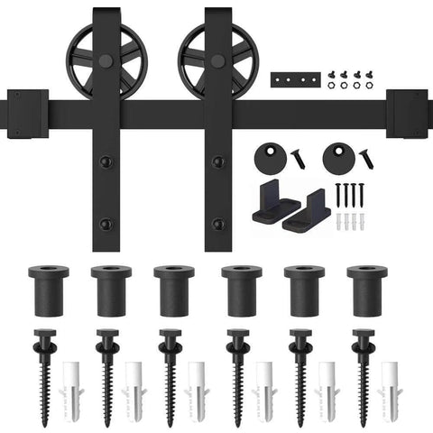 Beefy Adjustable 5 To 16Ft Wood Sliding Barn Door Hardware Kit With 8Ft Basic Black Flat Track System Big Spoke Wheel Rollers
