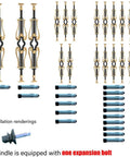 Badass Aluminum Balusters And Stair Spindles With Floor Face Mount Brackets And Slick Black Gold Flower Motif Railing Kit For Indoor Outdoor Decks And Bulletproof Durability House Upgrade 10 Pack, installation rendering with spindles and installation tools.
