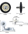 Upgraded Dryer Repair Kit For Everyday Laundry Boss Dryers With Drum Roller 4581EL2002C and Idler Pulley dimensions shown