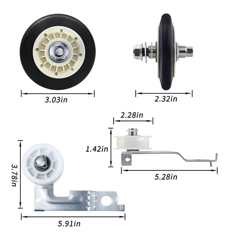 Upgraded Dryer Repair Kit For Everyday Laundry Boss Dryers With Drum Roller 4581EL2002C and Idler Pulley dimensions shown