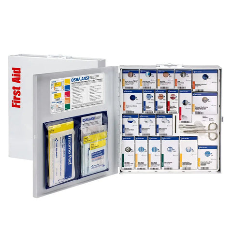 ANSI A 2021 OSHA Compliant First Aid Kit For Restaurants And Food Service Venues With 50 Plus Person Capacity In A Heavy Duty Metal Cabinet Featuring SmartTab System