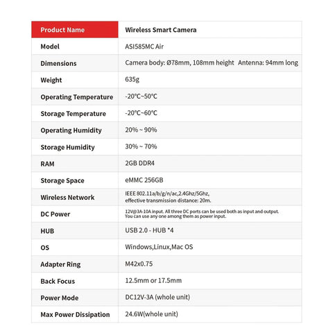 Specification sheet for Air Cooled Color Astronomy Camera With Built In Guide Camera And ASIAir Control All In One 585MC Sensor 4K Imaging High SNR STARVIS 2 Tech 256GB eMMC Storage Dual Band WiFi Bluetooth 3 In 1 Imaging Guiding And Control Power Supply Included