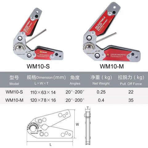 LISHUAI welding magnet clamp WM10-S and WM10-M, silver metal with red label, adjustable 20–200°.