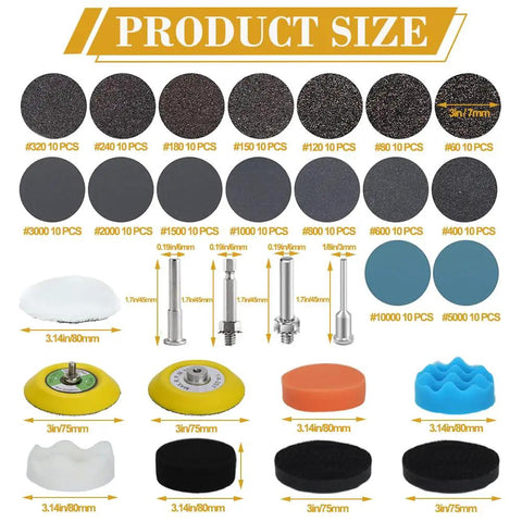 All In One 174 Pcs 3 Inch Sanding Discs Kit With Grit 60 To 10000 components layout with discs, pads, sponges, and shanks