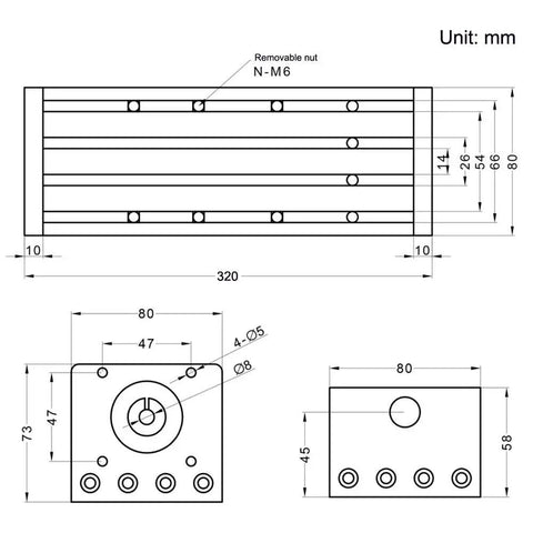Beefy 200mm Travel Double Linear Rail With SFU1605 Ballscrew And NEMA23 Stepper Motor For DIY CNC Router X Y Z Linear Stage Actuator And 3D Printer High Precision 0.03mm Repeatability And 40kg Horizontal Load 15kg Vertical. dimension drawing of 200mm travel double linear rail, 320mm length, 80mm width