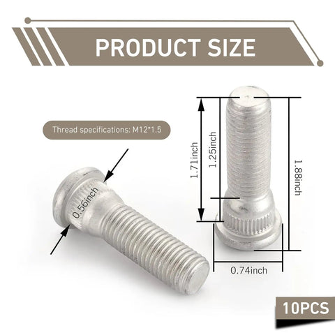 10Pcs M12x1.5 Wheel Studs 49mm Long Steel Lug Studs for Cars, showing dimensions and thread specifications.