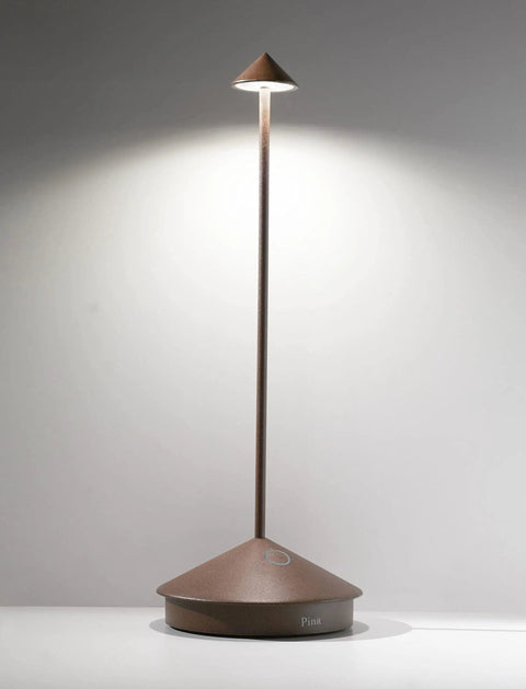 Pina Pro Cordless LED Table Lamp Rust Finish With Touch Dimming, Durable Powder Coated Aluminum, Indoor Outdoor Use, shown upright