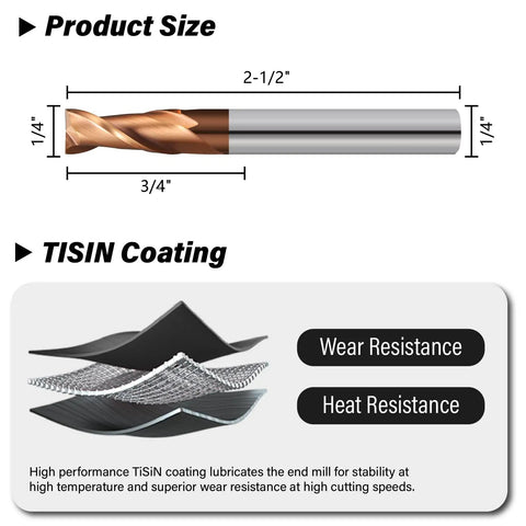 Precision 1/16 Inch 2-Flute Carbide Square End Mill with 2-1/2 inch length, TiSiN coating for wear and heat resistance.