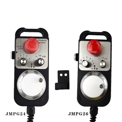 Front view of two 5V MPG CNC handwheel controllers with emergency stops for 4-6 axis machines, shown side by side.