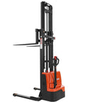 VEVOR Full Electric Pallet Stacker With 3300 Lb Load Capacity And 130 In Max Lifting Height showing adjustable forks and orange black finish.