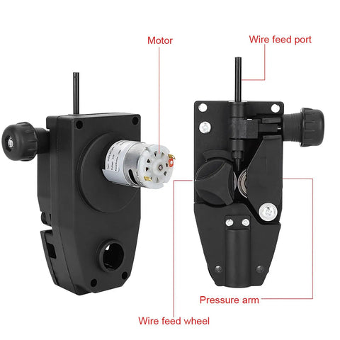 Wire Feeder For Soldering And MIG Welding DC 24V 10W Wire Feed Motor showing motor, wire feed port, and pressure arm details.