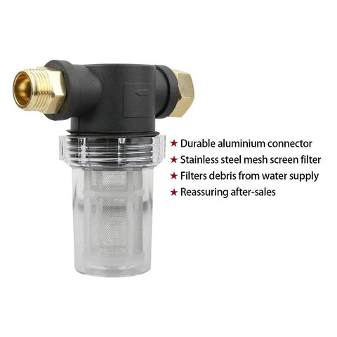 Close-up of Garden Hose Inlet Filter Kit for Three Quarter Inch High Pressure Washers with mesh screen in durable plastic