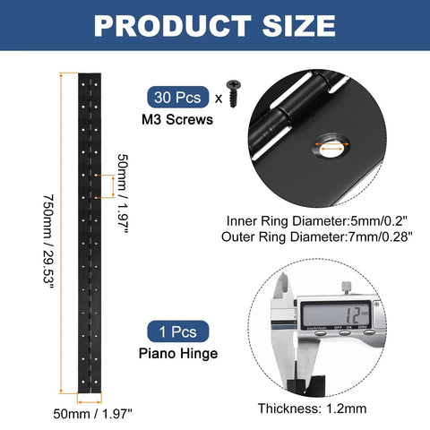 Heavy Duty 30X2 Inch Black Stainless Steel Piano Hinge Full Continuous Door Hinges With Mounting Screws For Cabinets Gates And Wood Projects Built Tough As Nails Deck Ready dimensions and screw details.