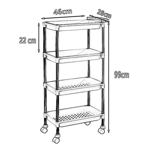 Slick Rolling Utility Cart With Four Roomy Shelves Built From Heavy Duty Plastic And Stainless Steel For Beauty Studios Nail Techs Or Mobile Service dimensions 46x28x99cm