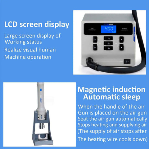 Pro Grade 1000W Hot Air Soldering Station For PCB Repair with LCD display showing 400°C and air gun in magnetic induction stand