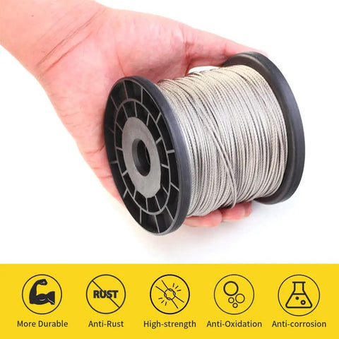 Top Shelf 304 Stainless Steel Wire Rope One Sixteenth Inch Thick 328 Foot Spool Seven By Seven Aircraft Grade Cable Comes Loaded With 150 Crimp Sleeves For Fence Lines Garden Trellises And Quick Outdoor Jobs