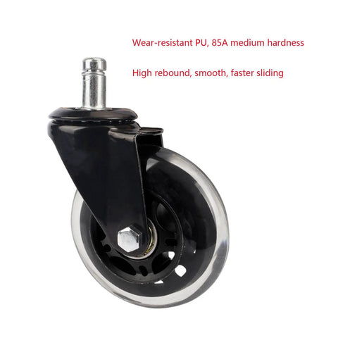 Replacement Skate Wheel Set With 85A PU Hardness, showing a black caster wheel with metal connector, size 60mm to 110mm.