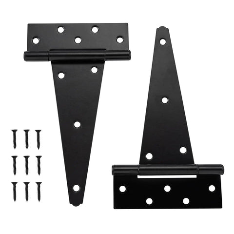 Badass 10 Inch Heavy Duty Gate Hinges 2 Pack Wrought Iron T Straps for barn doors, black steel with screws included.