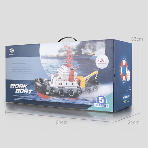 Box of Heng Long 2.4G RC Fire Fighting Boat With Water Spray Cannon Realistic Remote Control Ship Model, dimensions 64x24x33cm