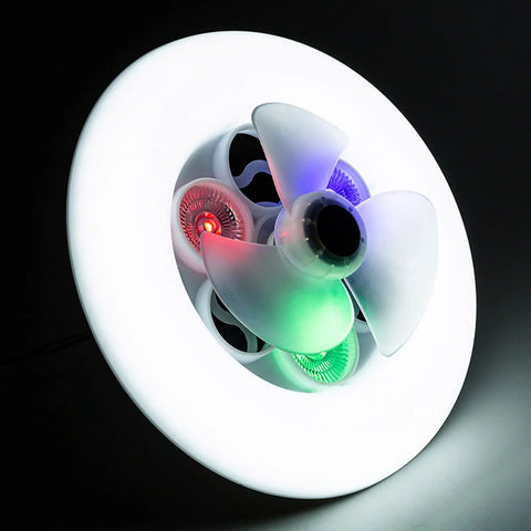 XEGZLH Low Profile Ceiling Fan with Lights Modern Dimmable Ceiling Light Fan showing colorful blades and bright acrylic ring.
