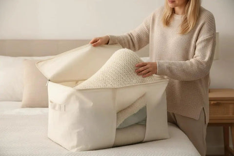 Soft Large Canvas Storage Bags With Zipper And Clear Window For Pillows, Quilts, Blankets And Comforters, 80L Each, 4 Pack Beige