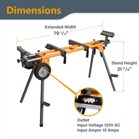 Portable Miter Saw Stand With Quick Release Mounting Brackets 330 Lb Load Capacity 8 In Wheels Three Prong Outlets Orange