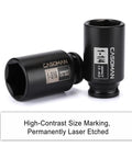 Half Inch Drive Deep Spindle Axle Nut Impact Socket Set, CR-MO Steel, SAE Sizes From 1 To 1-1/2 Inches, close-up of two sockets