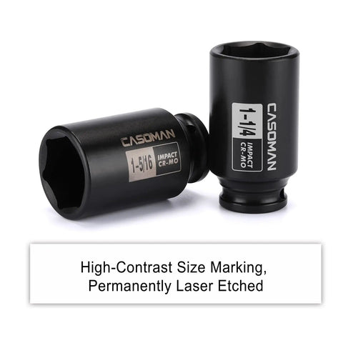 Half Inch Drive Deep Spindle Axle Nut Impact Socket Set, CR-MO Steel, SAE Sizes From 1 To 1-1/2 Inches, close-up of two sockets