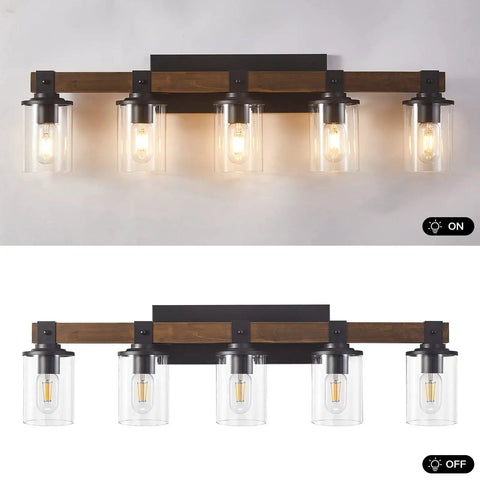 Five Light Farmhouse Vanity Light With Wood And Black Finish For Bathroom And Bedroom Dope Rustic Wall Sconce Vibe With Modern Home Decor Easy Install And Built Tough Metal And Wood showing lights on and off
