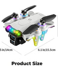 Beginner Friendly Kids Drone With Camera For Ages Eight To Twelve, LED Lights, FPV Screen, dimensions shown in inches and cm