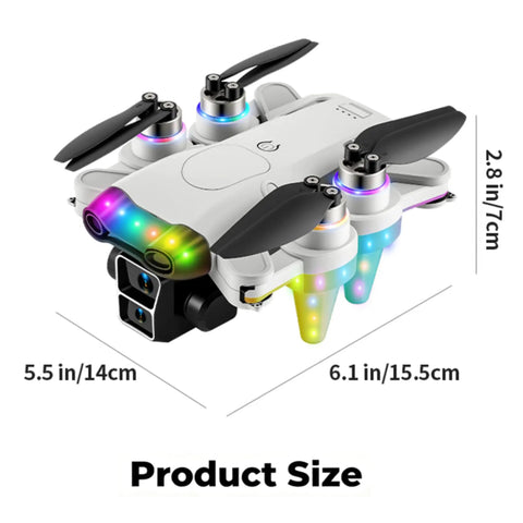 Beginner Friendly Kids Drone With Camera For Ages Eight To Twelve, LED Lights, FPV Screen, dimensions shown in inches and cm