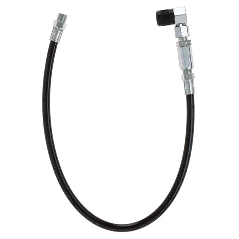 Front view of Slippery Pete 90-degree grease gun coupler with 18-inch hose and swivel head