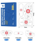 Golf Impact Tape With Red Target Sweet Spot For Instant Swing Feedback And Self Teaching Practice Indoor And Outdoor Use 300 Count High Precision Swing Training Aid packaging, showing target patterns and label sizes for clubs.