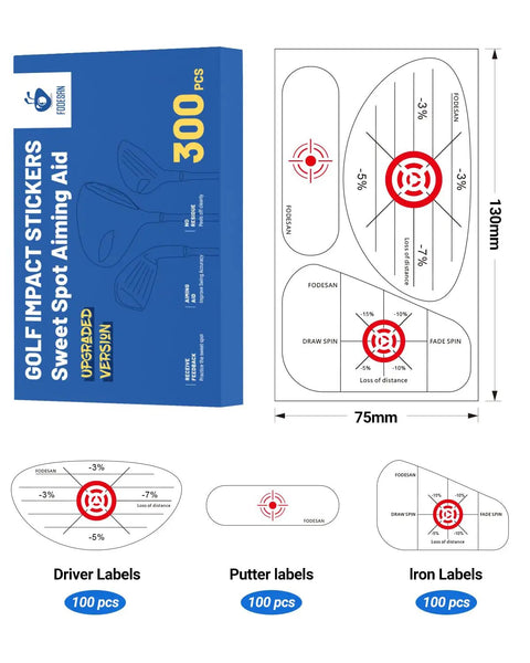 Golf Impact Tape With Red Target Sweet Spot For Instant Swing Feedback And Self Teaching Practice Indoor And Outdoor Use 300 Count High Precision Swing Training Aid packaging, showing target patterns and label sizes for clubs.