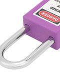 5 Pack 38mm Industrial Safety Padlocks Lockout Tagout Kit With 10 Keys And Writable Labels NonConductive For Machine Building Electrical Maintenance Built Tough As Nails And Resists Impacts Standing Strong Through Freezing Or Scorching Temps, purple padlock close-up