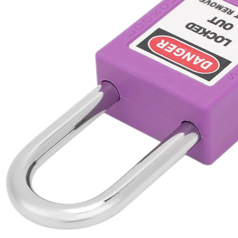 5 Pack 38mm Industrial Safety Padlocks Lockout Tagout Kit With 10 Keys And Writable Labels NonConductive For Machine Building Electrical Maintenance Built Tough As Nails And Resists Impacts Standing Strong Through Freezing Or Scorching Temps, purple padlock close-up