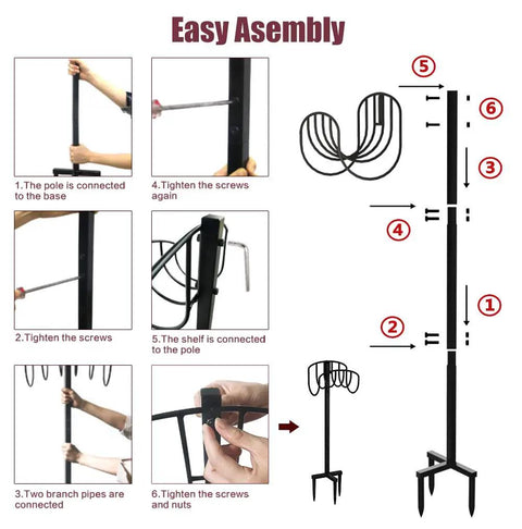 Easy assembly steps for Freestanding Garden Hose Holder And Organizer Stand showing connection and tightening process.