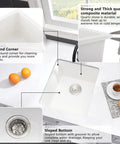 Undermount White Bar Sink 15x17 Deep Single Bowl for Wet Bar and RV Kitchen, highlighting non porous quartz, sloped bottom