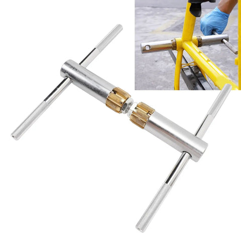 Pro-Grade Bottom Bracket Thread Tapping Tool Kit With Replaceable Taps, shown with a close-up of installation on a bike frame.