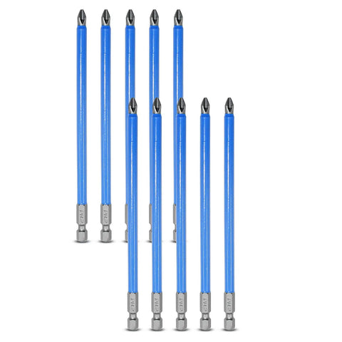 Blue 10 Piece Magnetic Phillips Screwdriver Bits Set, 6 Inch Long, Anti Slip PH2 Bits With 1 Quarter Inch Hex Shank.