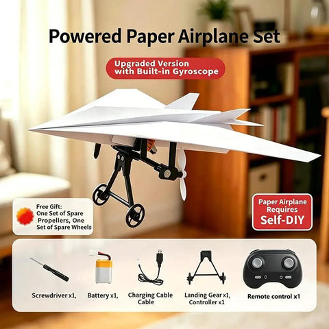 Power Up RC Paper Airplane Kit With Gyro Stabilizer showing components like propellers, wheels, remote, and charging set.